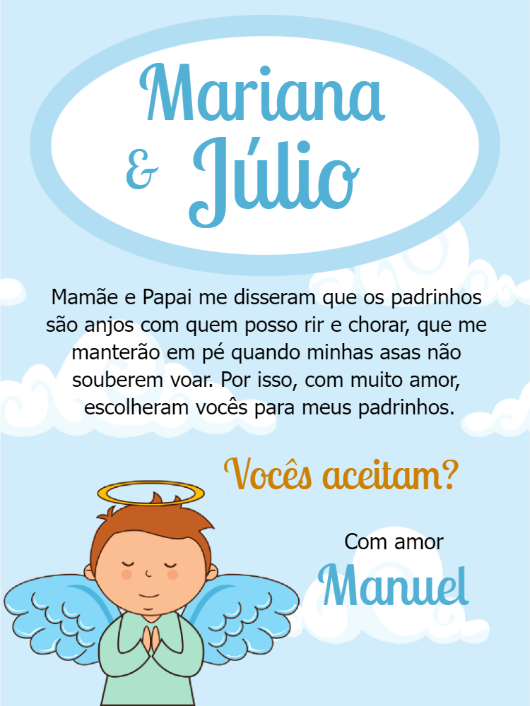 Convite Padrinhos de Batismo Anjinho para Editar Online