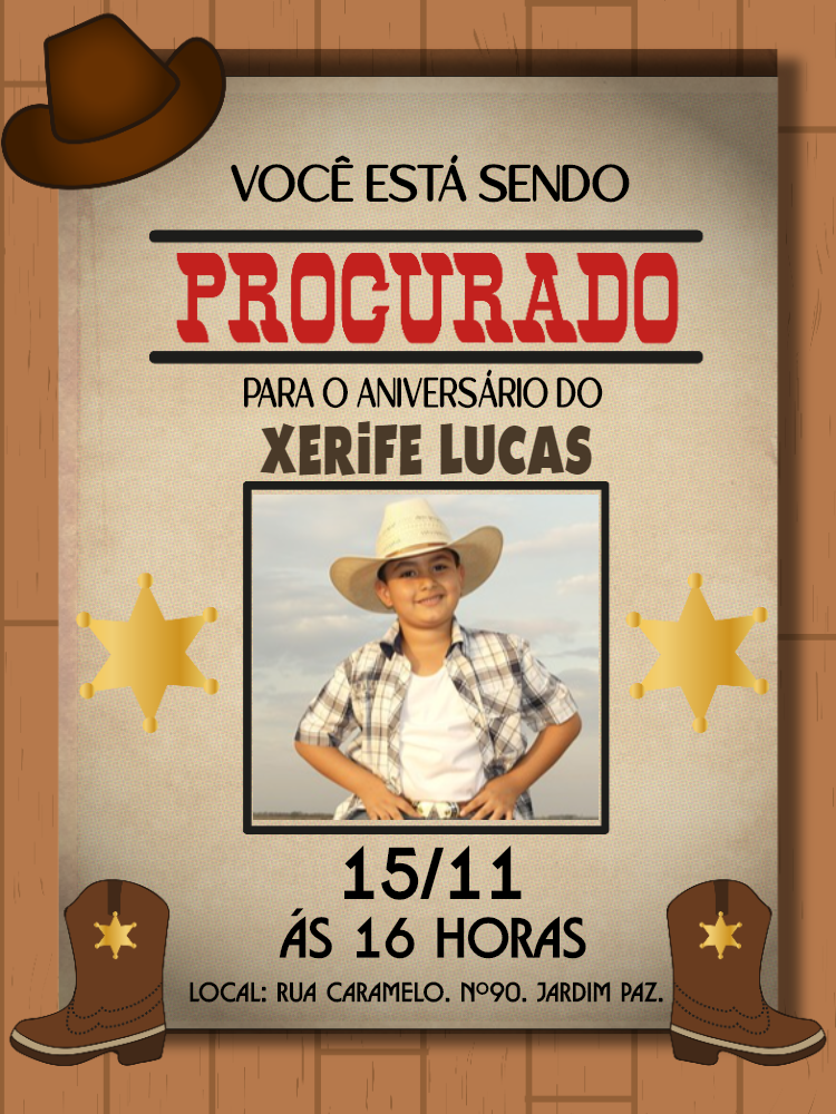Convite Aniversário Xerife com Foto para Editar Online Convite Aniversário Xerife com Foto para Editar Online