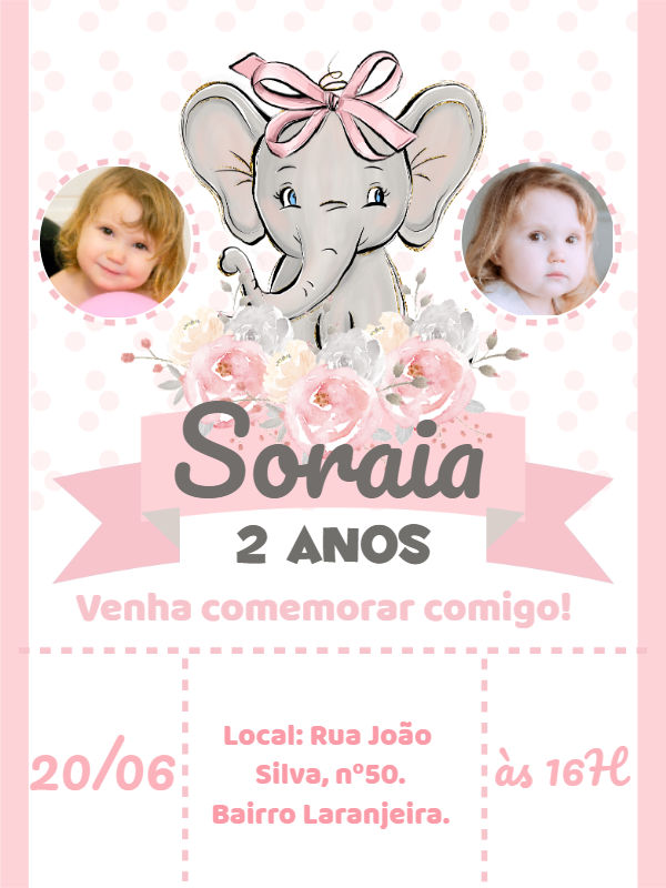 Convite Aniversário Elefantinha Floral com Foto para Editar Convite Aniversário Elefantinha Floral com Foto para Editar