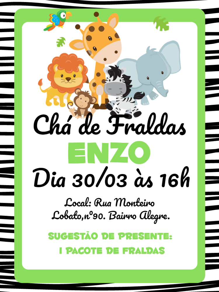 Convite Chá de Fraldas Safari com Animais para Editar Online Convite Chá de Fraldas Safari com Animais para Editar Online