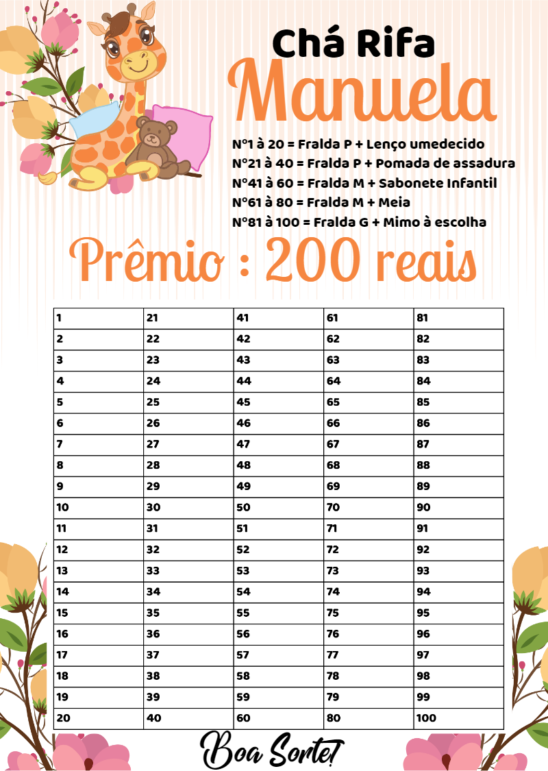 Chá Rifa Girafinha Fofa com Lista de Nomes para Editar Online Chá Rifa Girafinha Fofa com Lista de Nomes para Editar Online