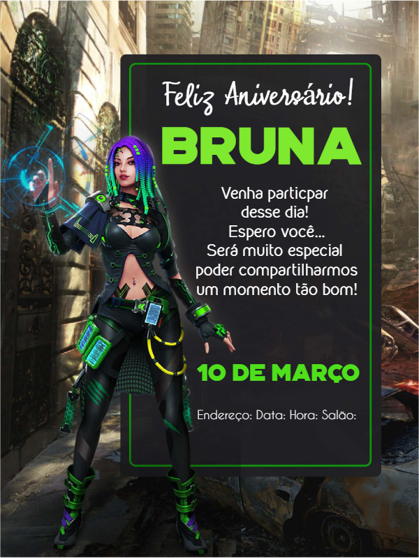 Convite de Aniversário Free Fire Feminino Editável Online