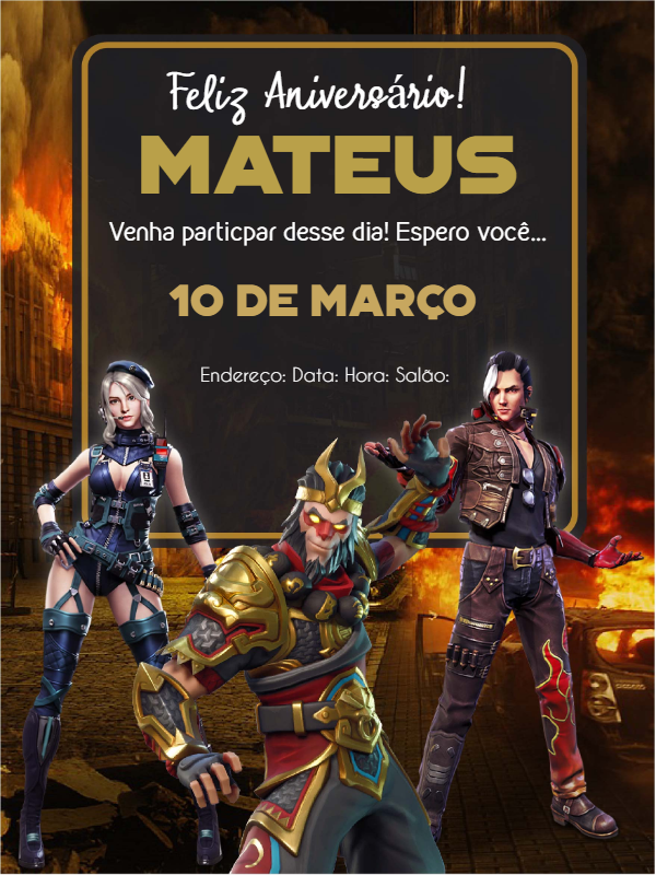 Convite Aniversário Free Fire com Personagens para Editar Online Convite Aniversário Free Fire com Personagens para Editar Online