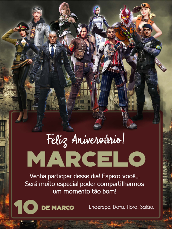 Convite Aniversário Free Fire com Personagens para Editar