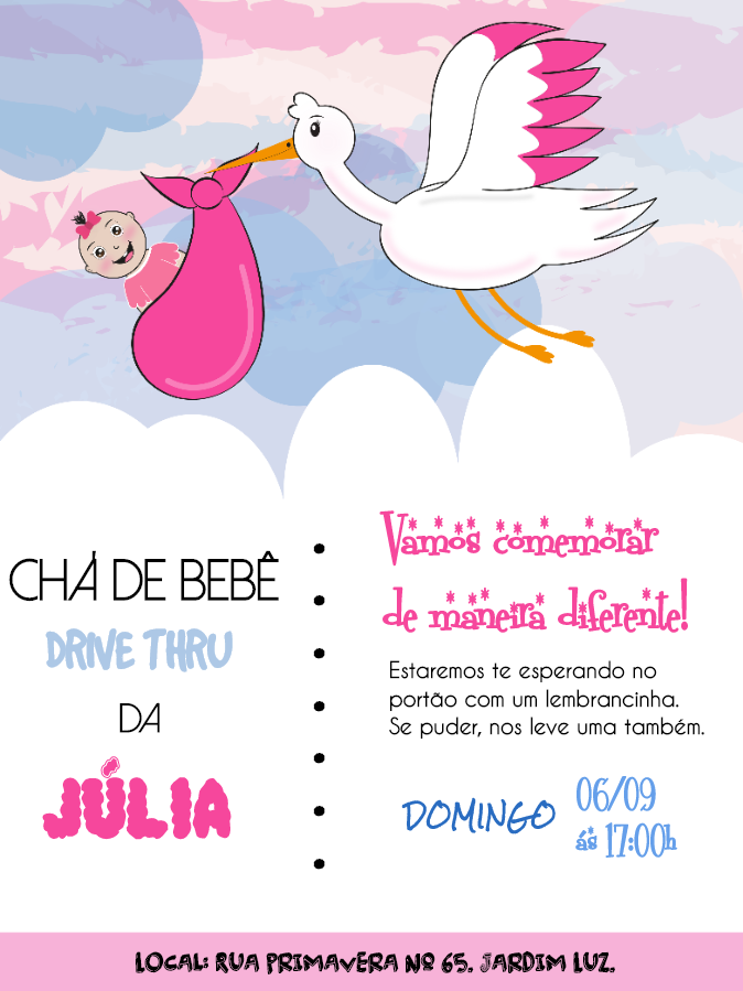 Convite Chá de Bebê Cegonha Rosa Drive Thru para Editar Online Convite Chá de Bebê Cegonha Rosa Drive Thru para Editar Online