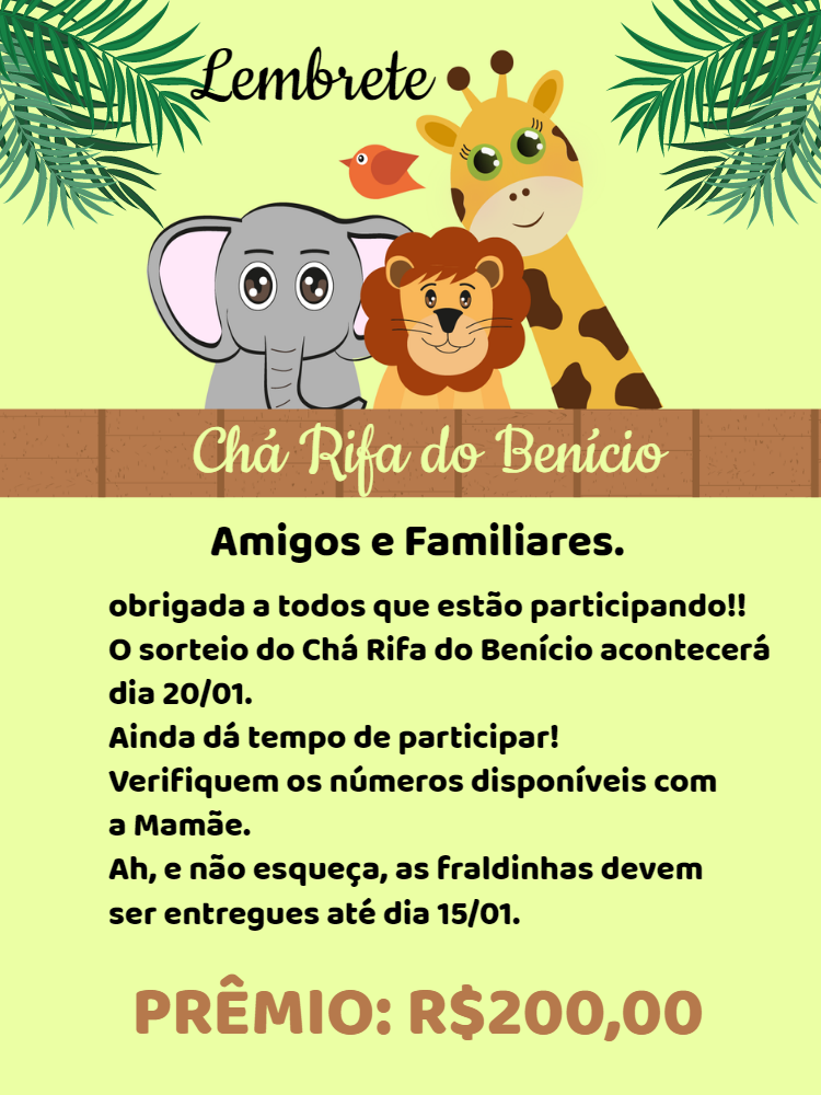 Lembrete Chá Rifa Safari com Animais para Editar Online Lembrete Chá Rifa Safari com Animais para Editar Online