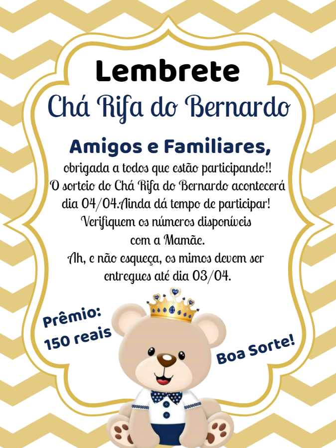 Lembrete Chá Rifa Ursinho Príncipe Dourado para Editar Lembrete Chá Rifa Ursinho Príncipe Dourado para Editar