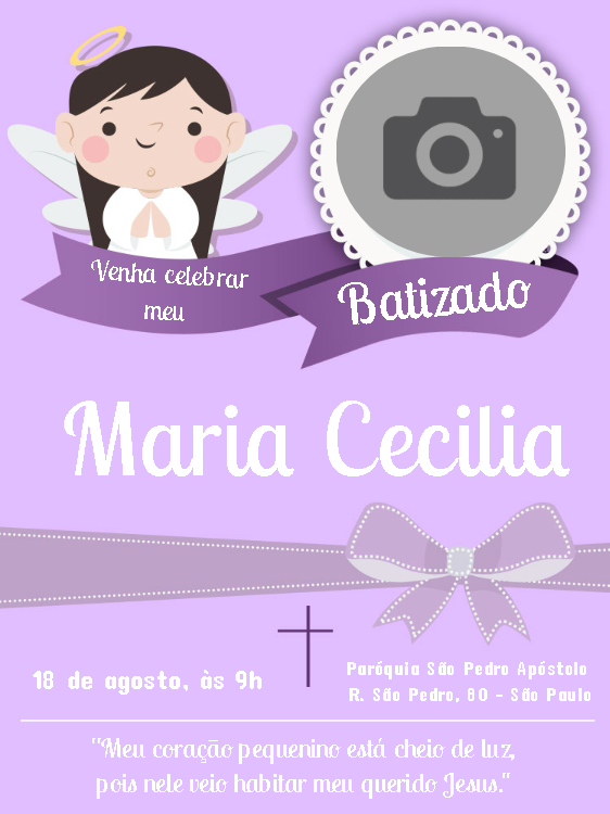 Convite de Batizado com Foto de Anjinha para Editar Online