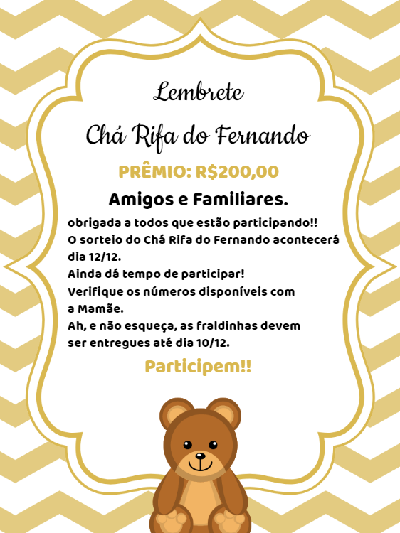 Lembrete Chá Rifa Ursinho Dourado para Editar Online Lembrete Chá Rifa Ursinho Dourado para Editar Online