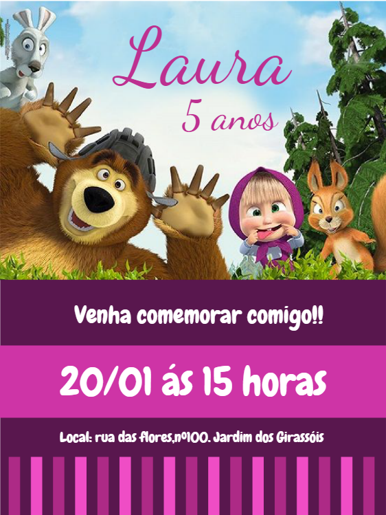 Convite Aniversário Masha e o Urso para Editar Online Convite Aniversário Masha e o Urso para Editar Online