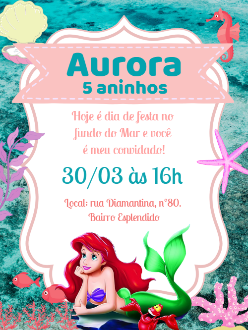 Convite Aniversário A Pequena Sereia para Editar Online Convite Aniversário A Pequena Sereia para Editar Online