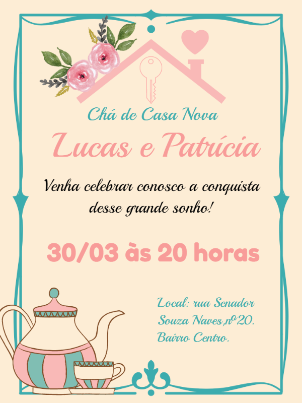 Convite Chá de Casa Nova com Flores e Bule para Editar Online Convite Chá de Casa Nova com Flores e Bule para Editar Online