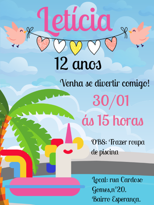 Convite Aniversário Pool Party com Unicórnio para Editar Online Convite Aniversário Pool Party com Unicórnio para Editar Online