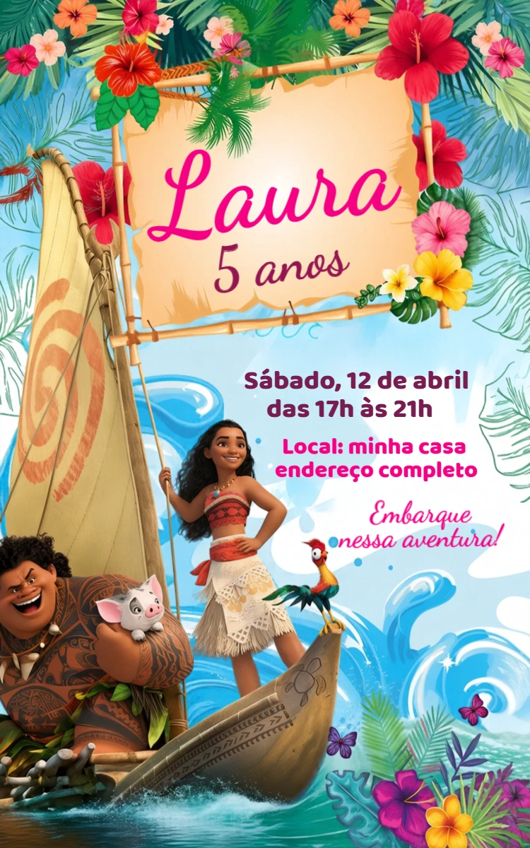 Convite de Aniversário Moana Digital para Editar Convite de Aniversário Moana Digital para Editar