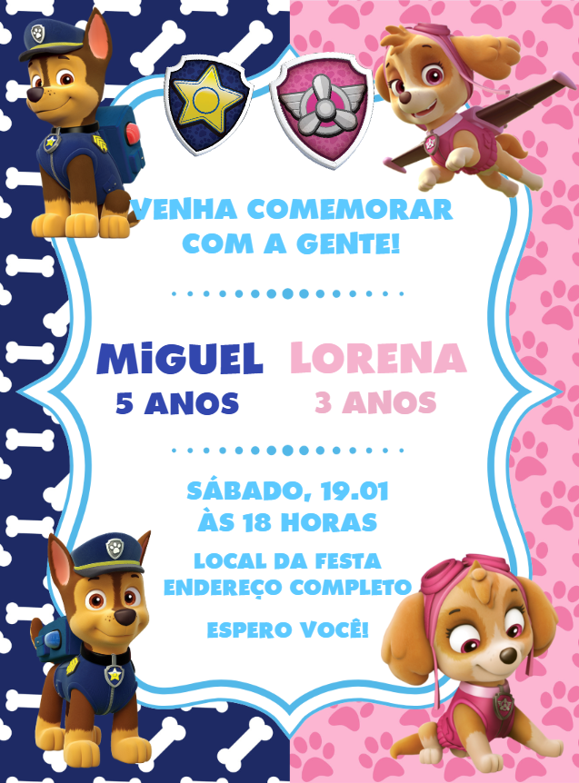 Convite Aniversário Duplo Patrulha Canina Chase e Skye para Editar Convite Aniversário Duplo Patrulha Canina Chase e Skye para Editar