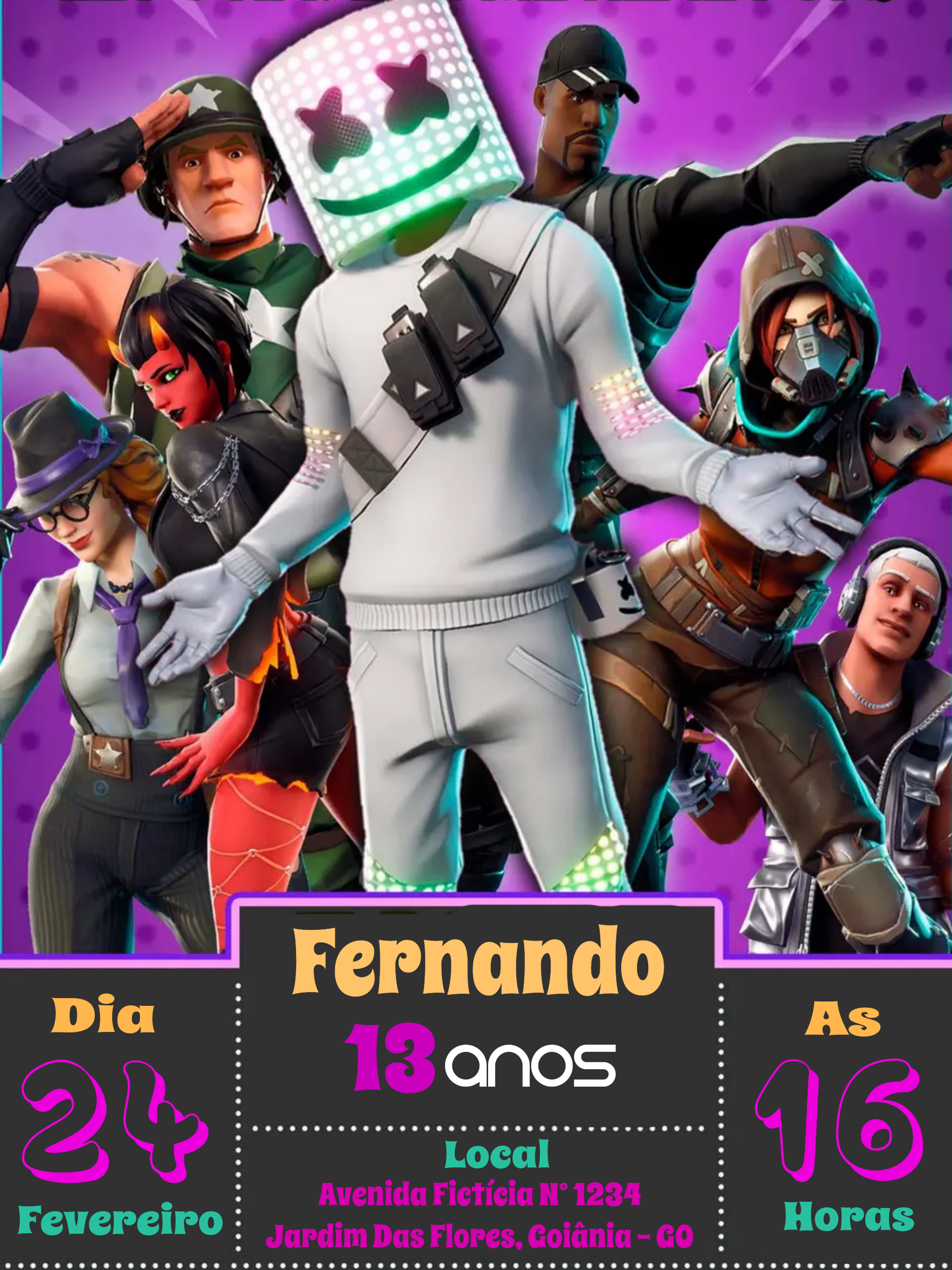 Convite Aniversário Fortnite com Personagens para Editar Online Convite Aniversário Fortnite com Personagens para Editar Online