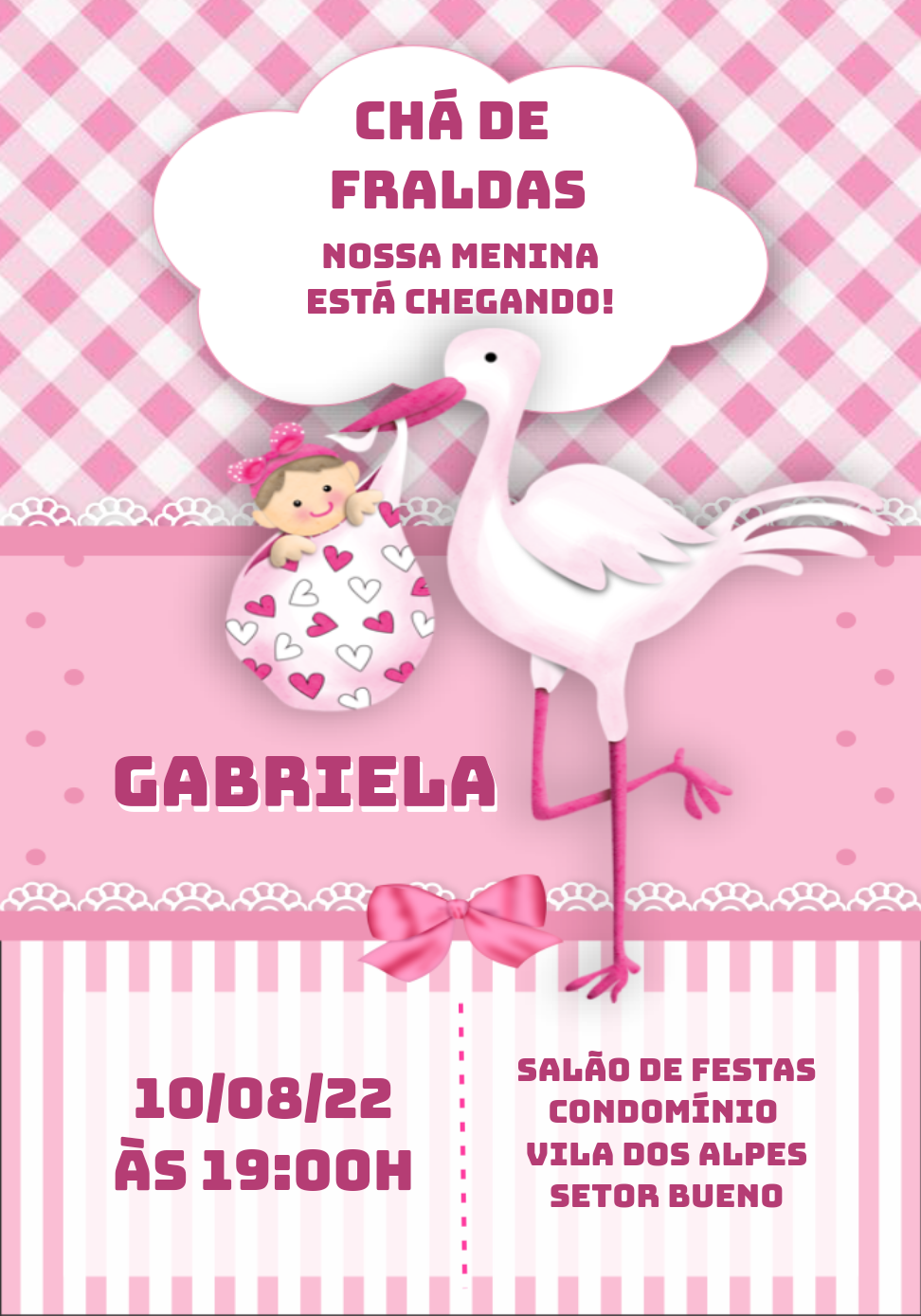 Convite Chá de Fraldas Cegonha Menina para Editar Online Convite Chá de Fraldas Cegonha Menina para Editar Online