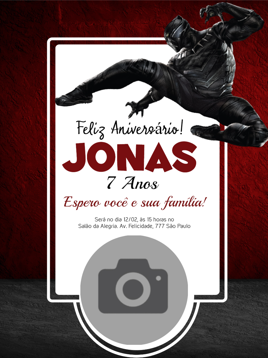 Convite Aniversário Pantera Negra com Foto para Editar Online Convite Aniversário Pantera Negra com Foto para Editar Online