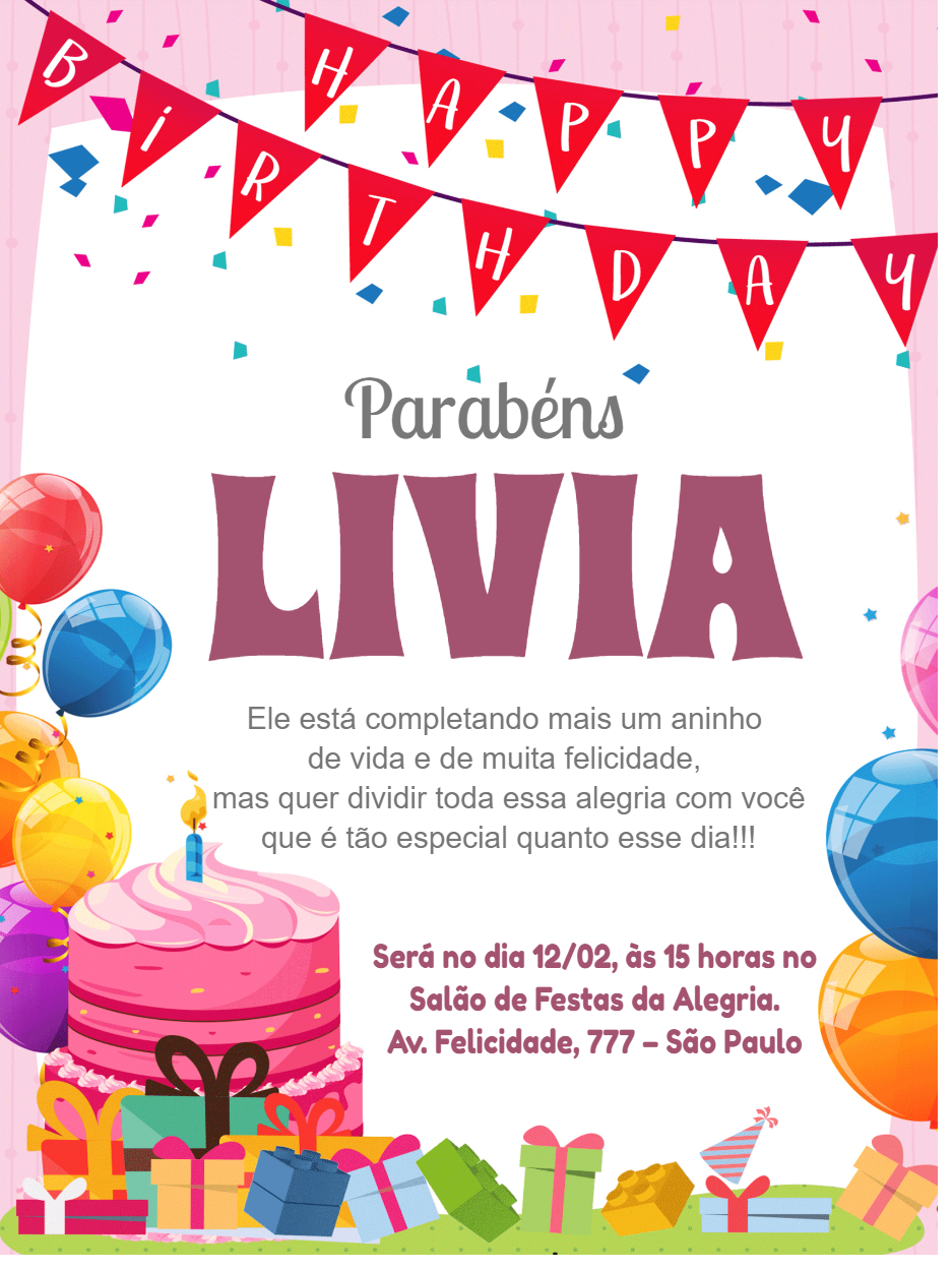 Convite de Aniversário Infantil Rosa com Bolo para Editar Online Convite de Aniversário Infantil Rosa com Bolo para Editar Online