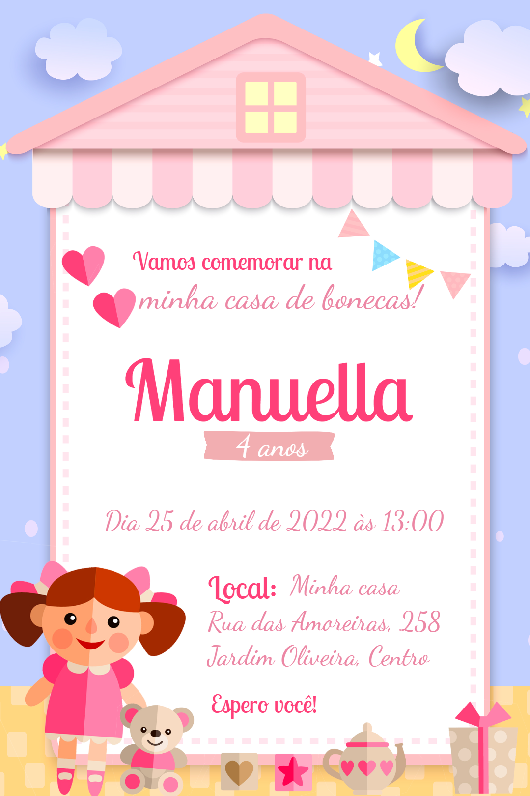 Convite Aniversário Casa de Bonecas para Editar Online