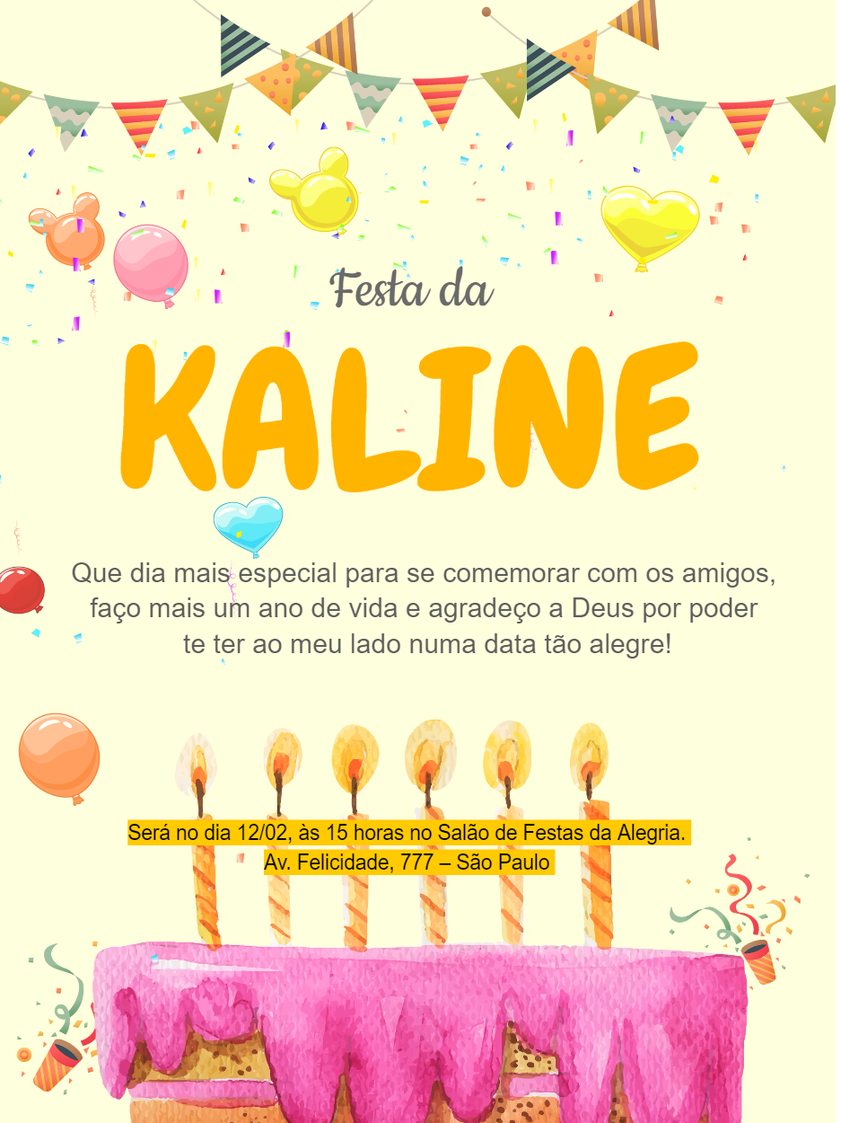Convite de Aniversário com Bolo Rosa e Amarelo para Editar Convite de Aniversário com Bolo Rosa e Amarelo para Editar