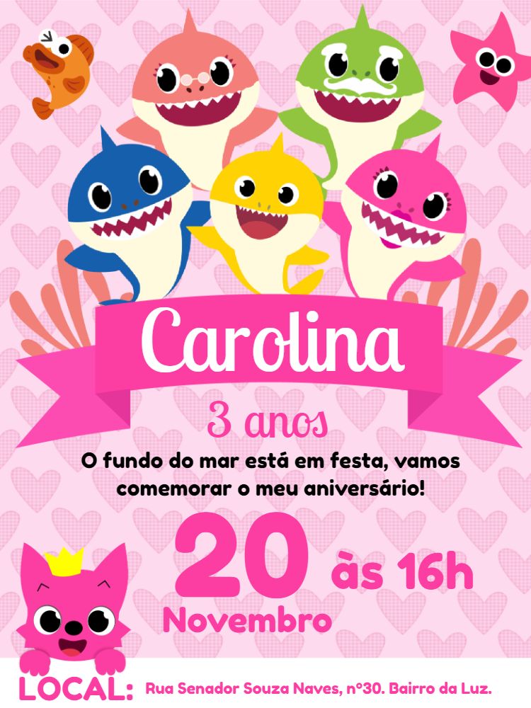 Convite Aniversário Baby Shark Rosa para Editar Online Convite Aniversário Baby Shark Rosa para Editar Online