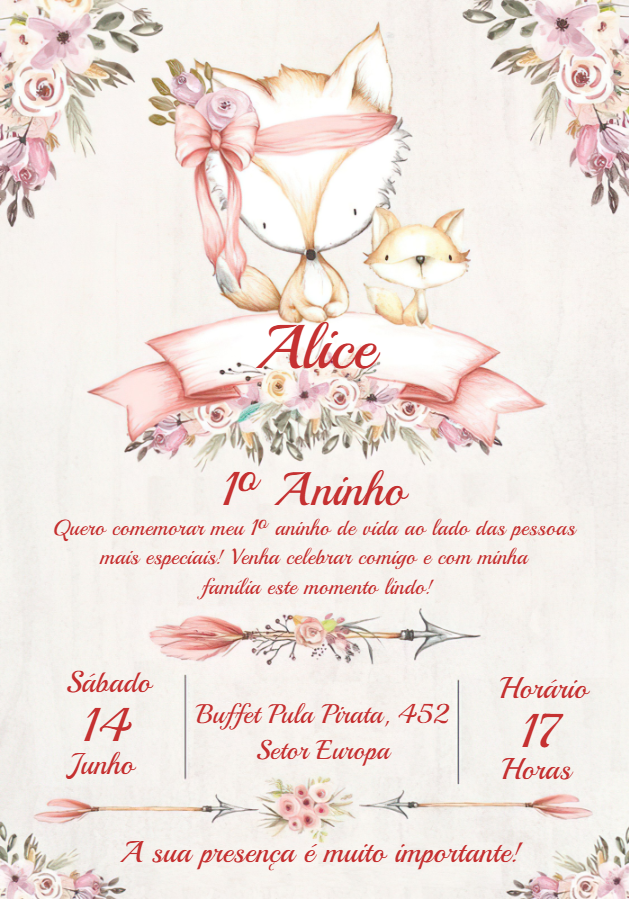 Convite Aniversário Raposinha Boho para Editar Online
