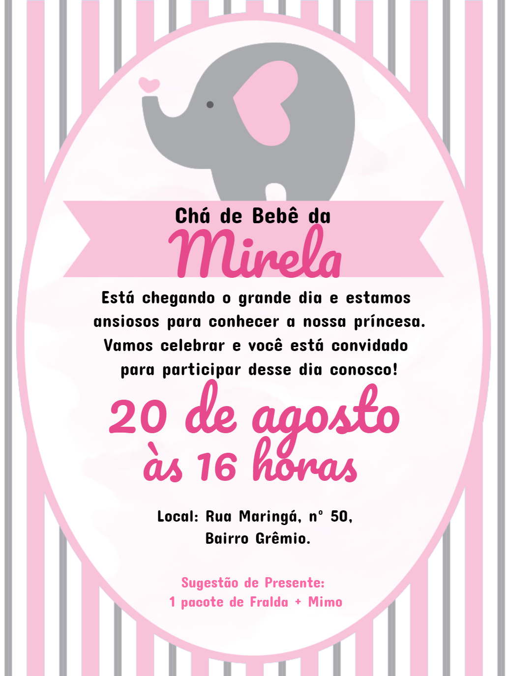 Convite Chá de Bebê Elefantinha Rosa para Editar Online Convite Chá de Bebê Elefantinha Rosa para Editar Online