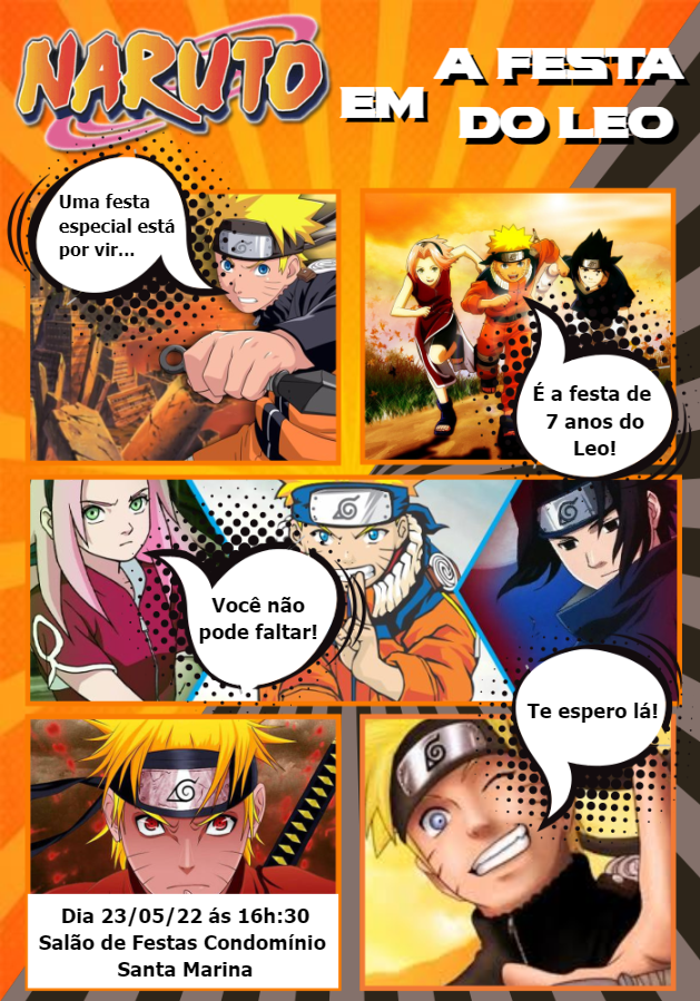 Convite de Aniversário Naruto Estilo Mangá para Editar Online Convite de Aniversário Naruto Estilo Mangá para Editar Online