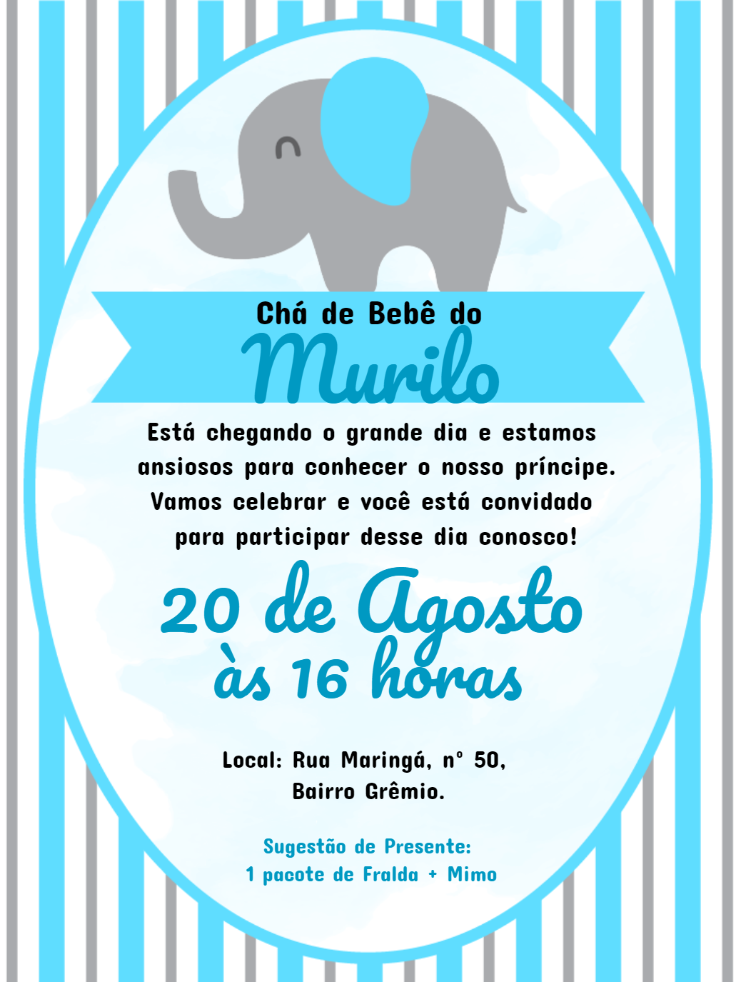 Convite Chá de Bebê Elefantinho Azul para Editar Online Convite Chá de Bebê Elefantinho Azul para Editar Online