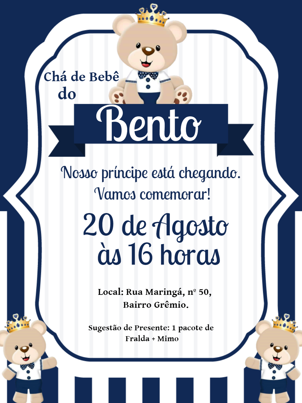 Convite de Chá de Bebê Ursinho Príncipe para Editar Online Convite de Chá de Bebê Ursinho Príncipe para Editar Online