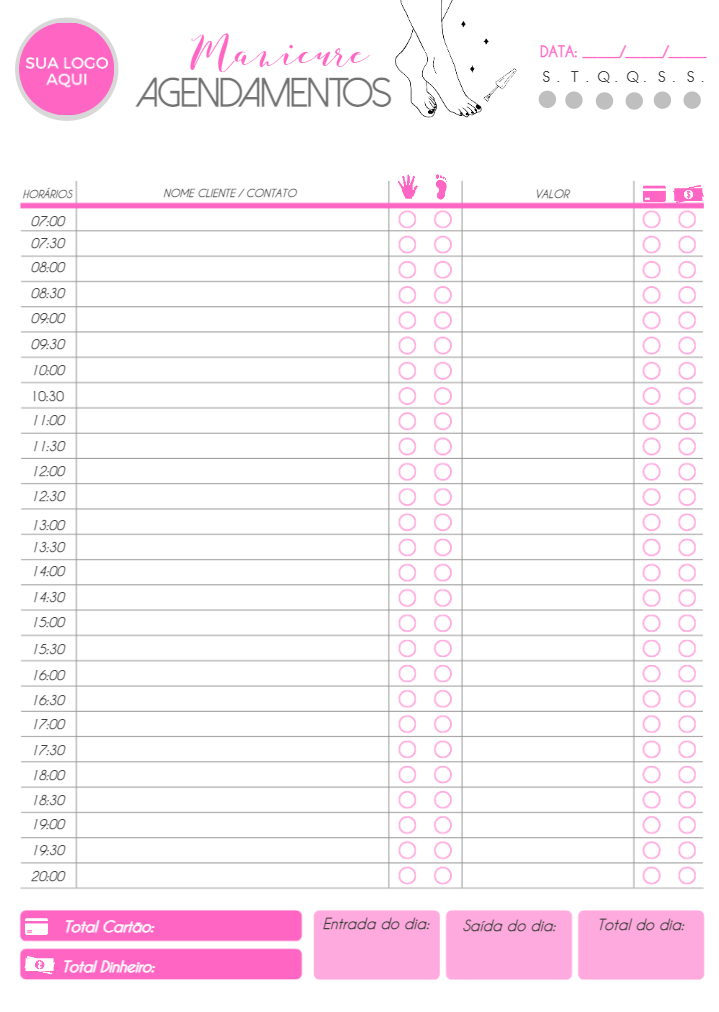 Agenda para Manicure e Pedicure Editável para Imprimir Agenda para Manicure e Pedicure Editável para Imprimir