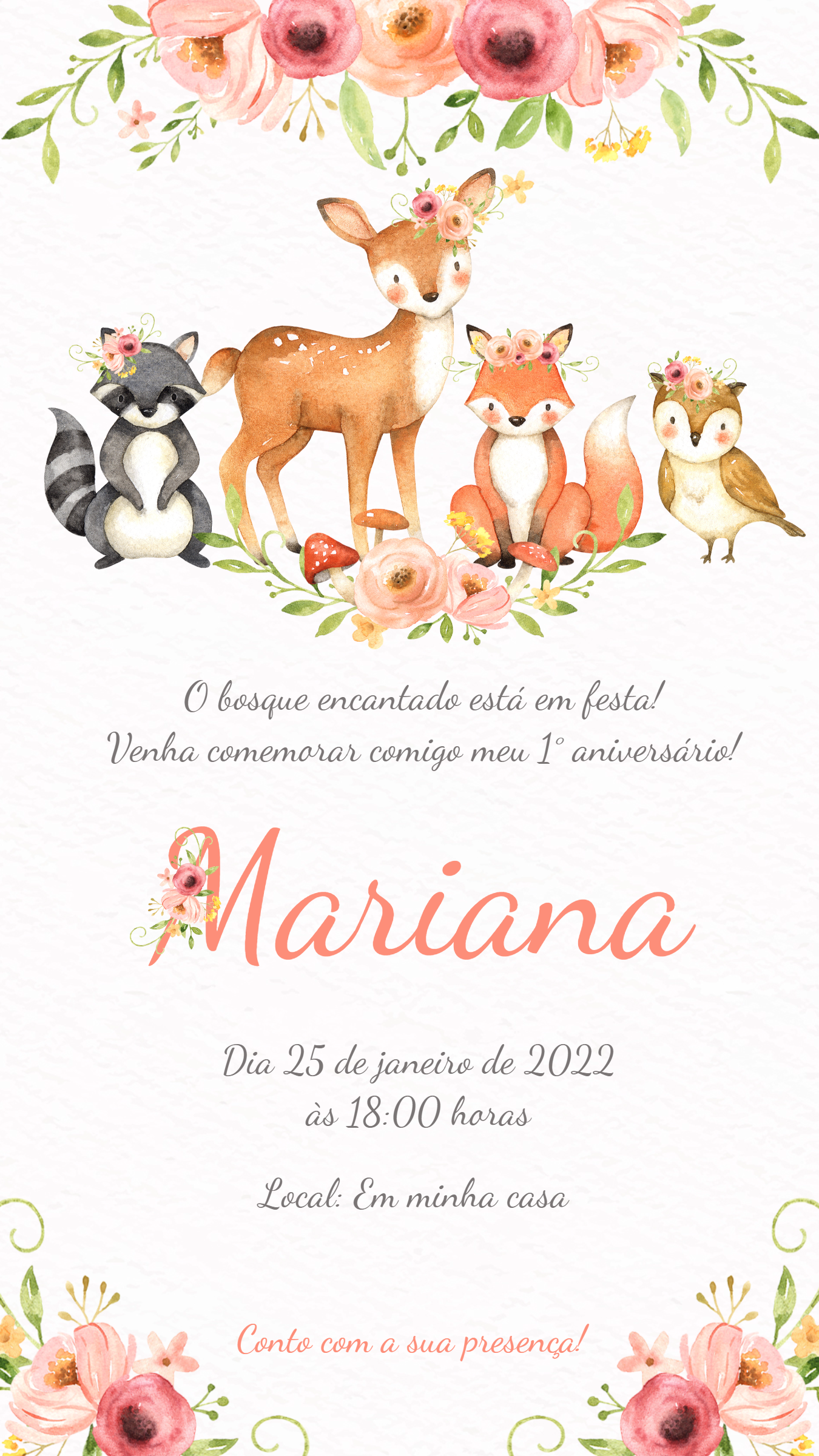 Convite Aniversário Bosque Encantado com Animais para Editar Convite Aniversário Bosque Encantado com Animais para Editar