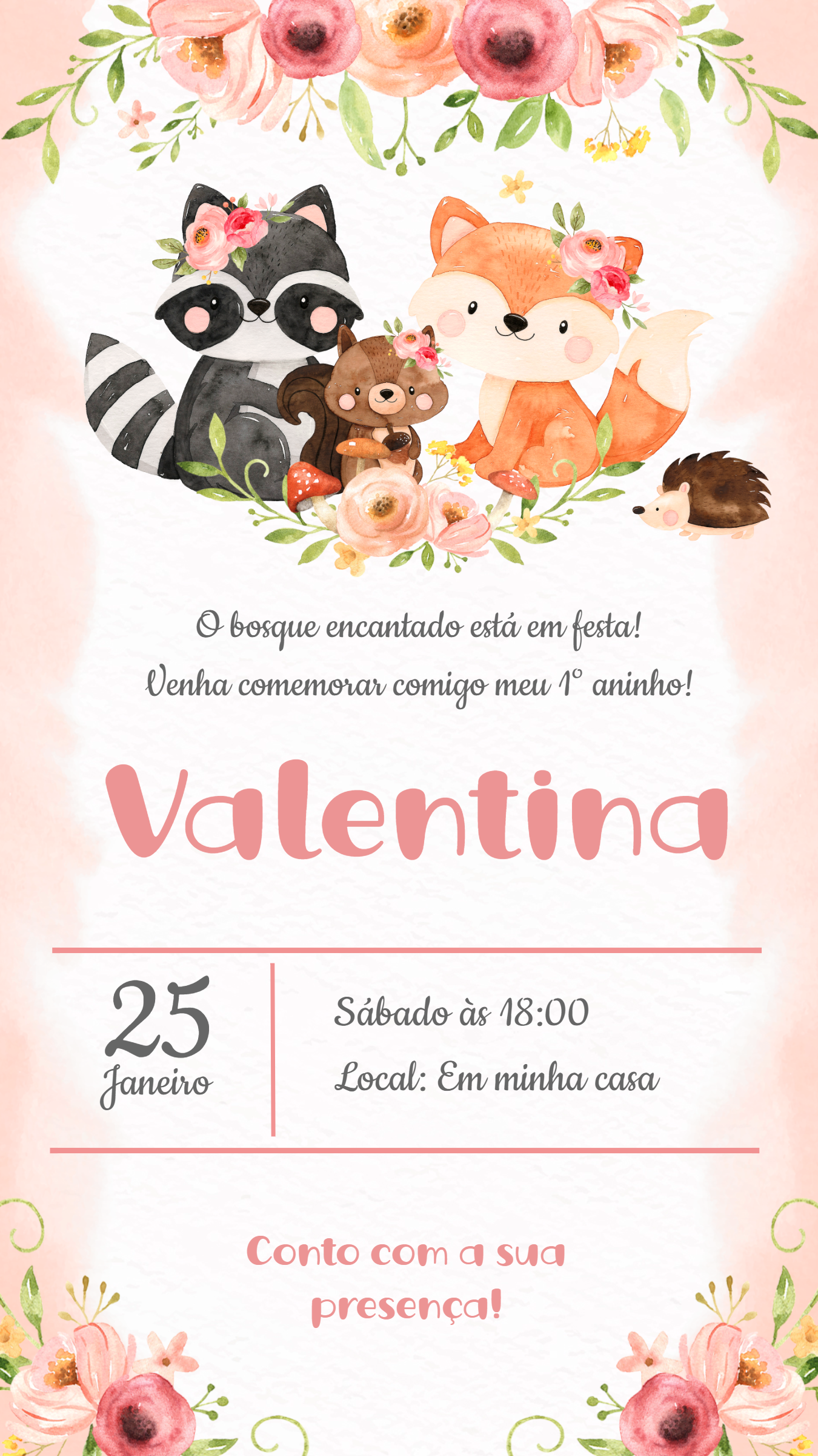 Convite Aniversário Bosque Encantado com Animais para Editar Convite Aniversário Bosque Encantado com Animais para Editar