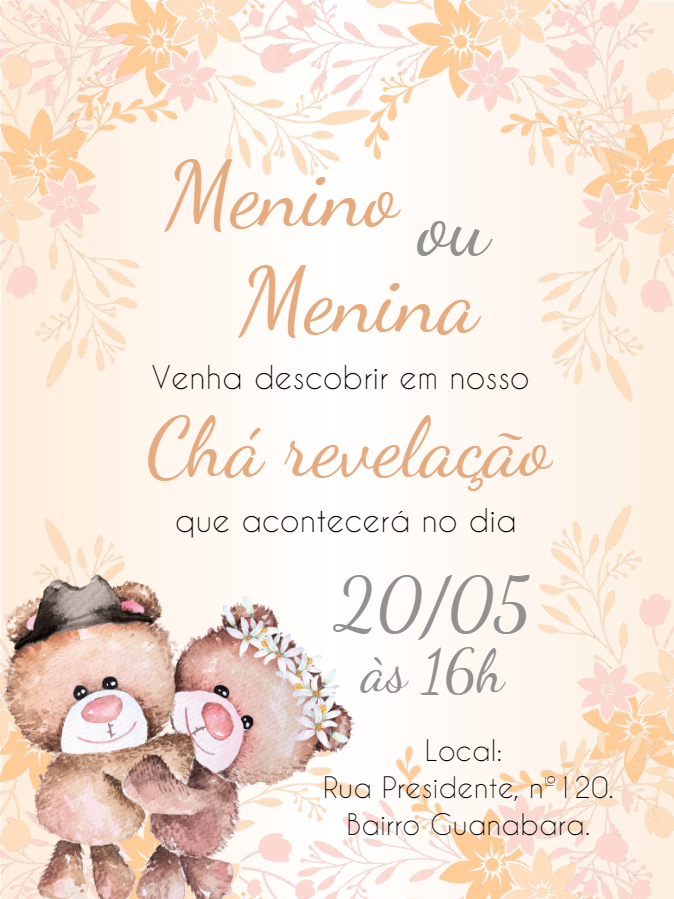 Convite Chá Revelação Ursinhos Fofos para Editar Online Convite Chá Revelação Ursinhos Fofos para Editar Online