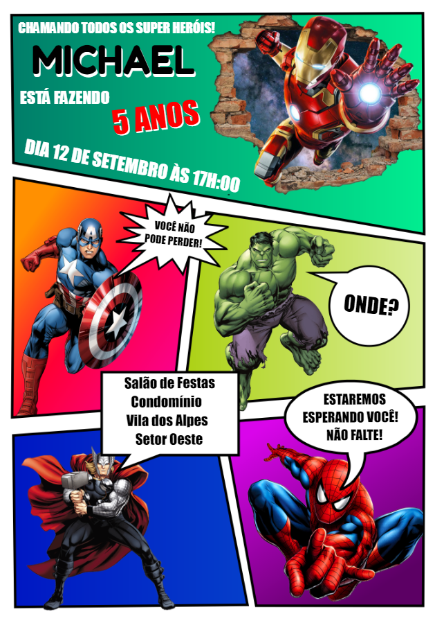 Convite Aniversário Super Heróis Estilo Gibi para Editar Convite Aniversário Super Heróis Estilo Gibi para Editar