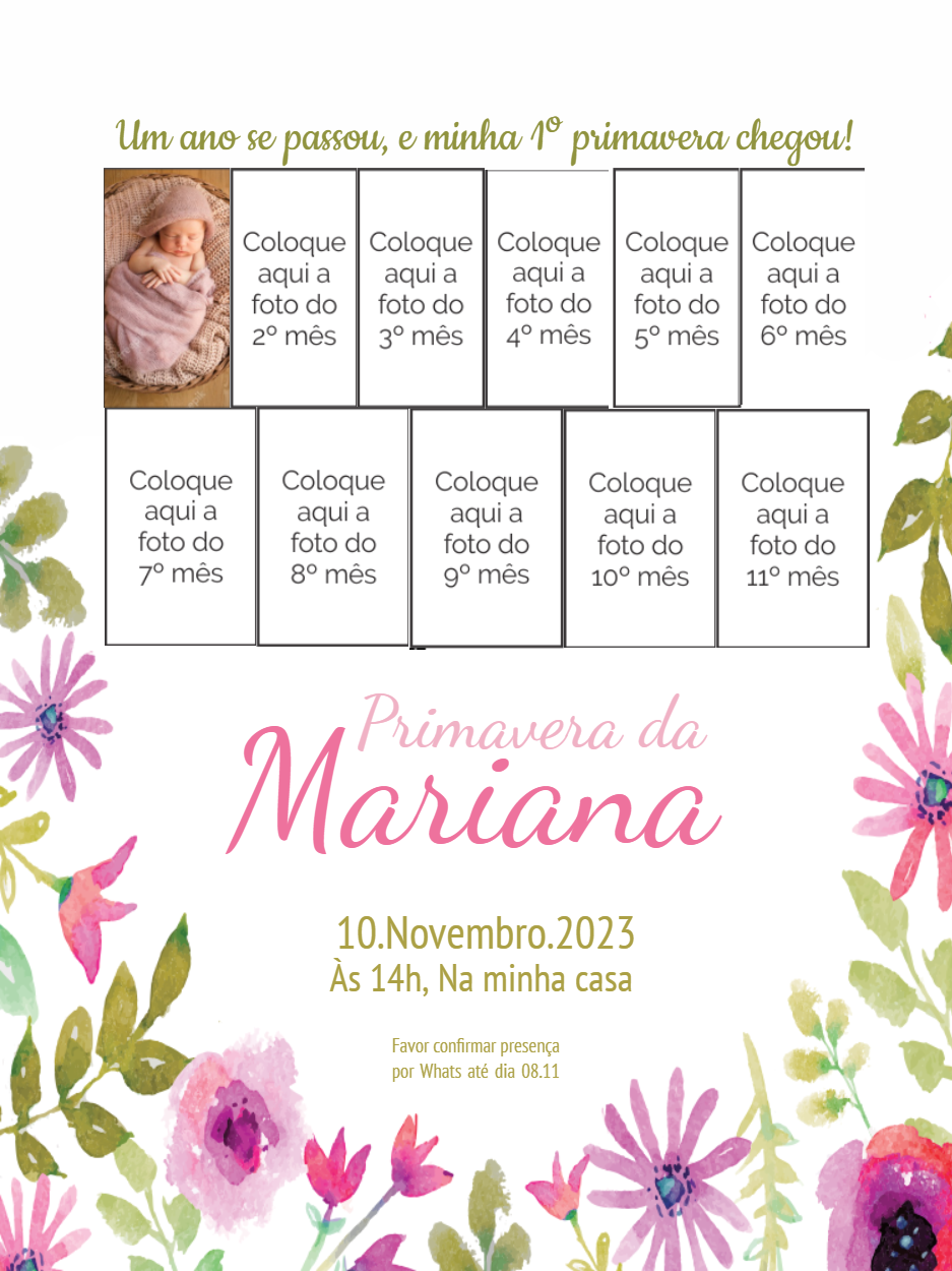 Convite Aniversário 1 Ano Primavera com Fotos para Editar Online Convite Aniversário 1 Ano Primavera com Fotos para Editar Online