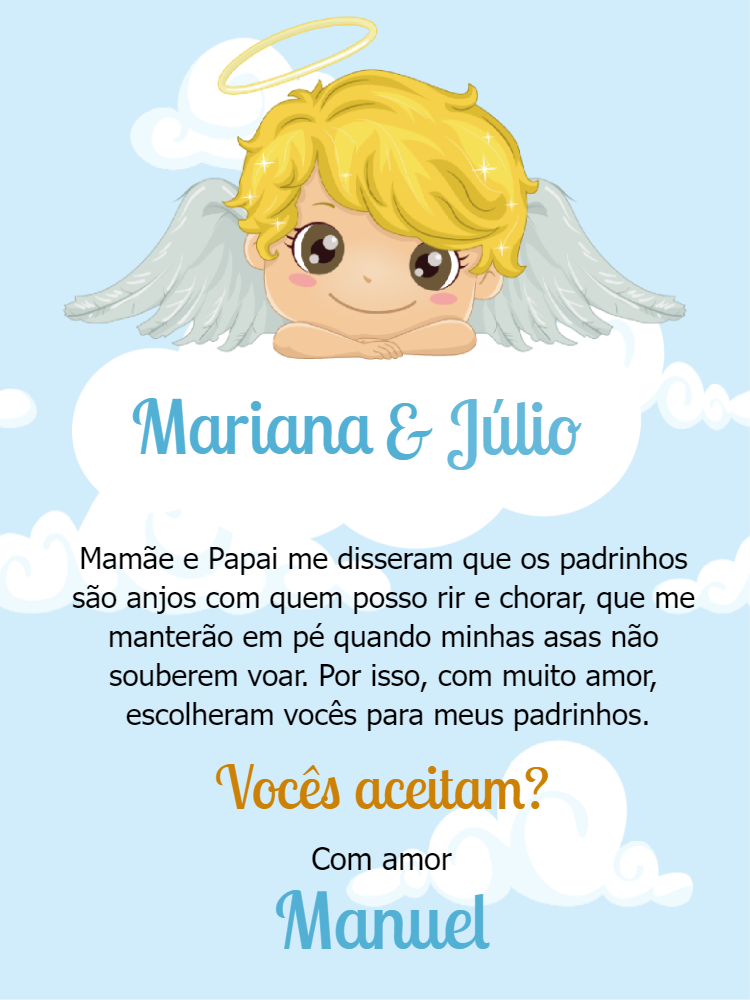 Convite Padrinhos de Batismo Anjinho para Editar Online Convite Padrinhos de Batismo Anjinho para Editar Online