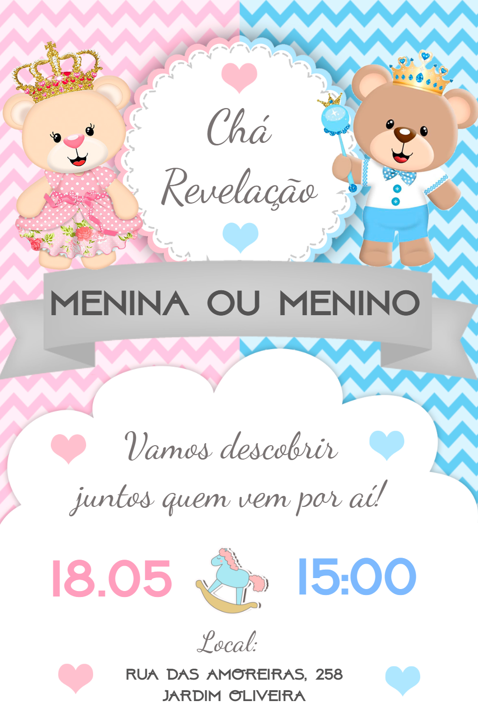 Convite Chá Revelação Ursinhos Realeza para Editar Online Convite Chá Revelação Ursinhos Realeza para Editar Online