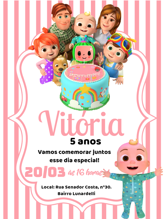 Convite de Aniversário Cocomelon com Personagens para Editar