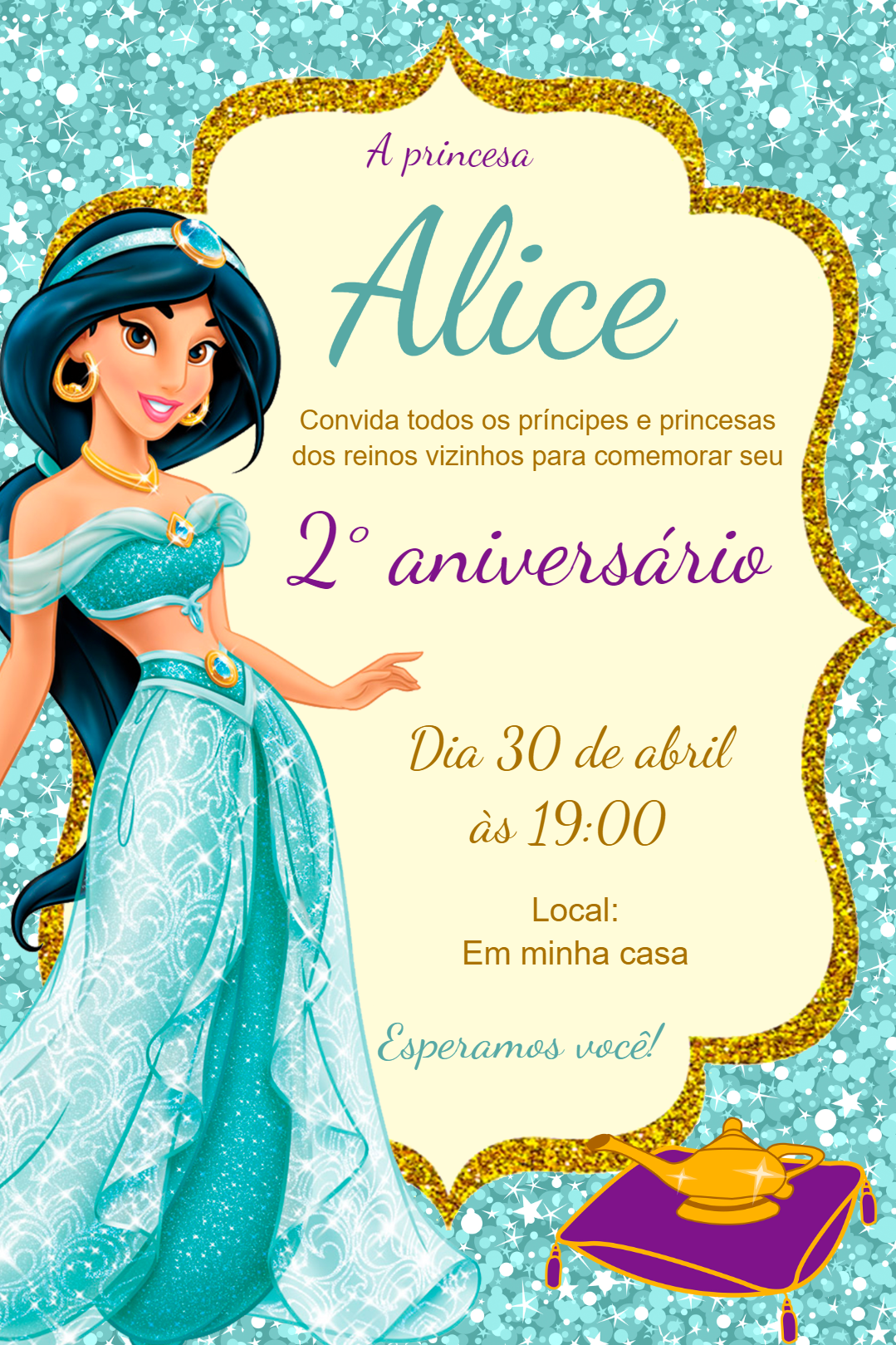 Convite Aniversário Princesa Jasmine para Editar Online Convite Aniversário Princesa Jasmine para Editar Online