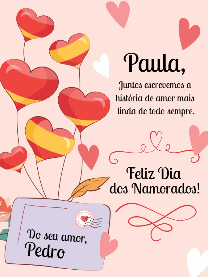 Cartão Dia dos Namorados com Balões de Coração para Editar Cartão Dia dos Namorados com Balões de Coração para Editar