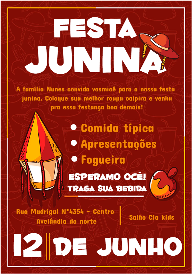 Convite de Festa Junina com Balão e Fogueira para Editar Convite de Festa Junina com Balão e Fogueira para Editar