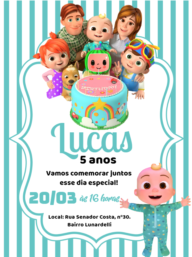 Convite de Aniversário Cocomelon com Personagens para Editar Convite de Aniversário Cocomelon com Personagens para Editar