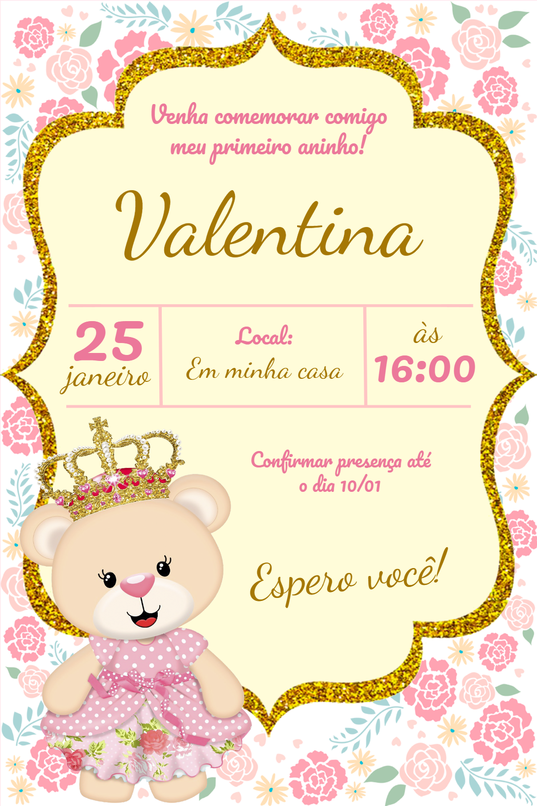 Convite Aniversário Ursinha Princesa Floral para Editar Online