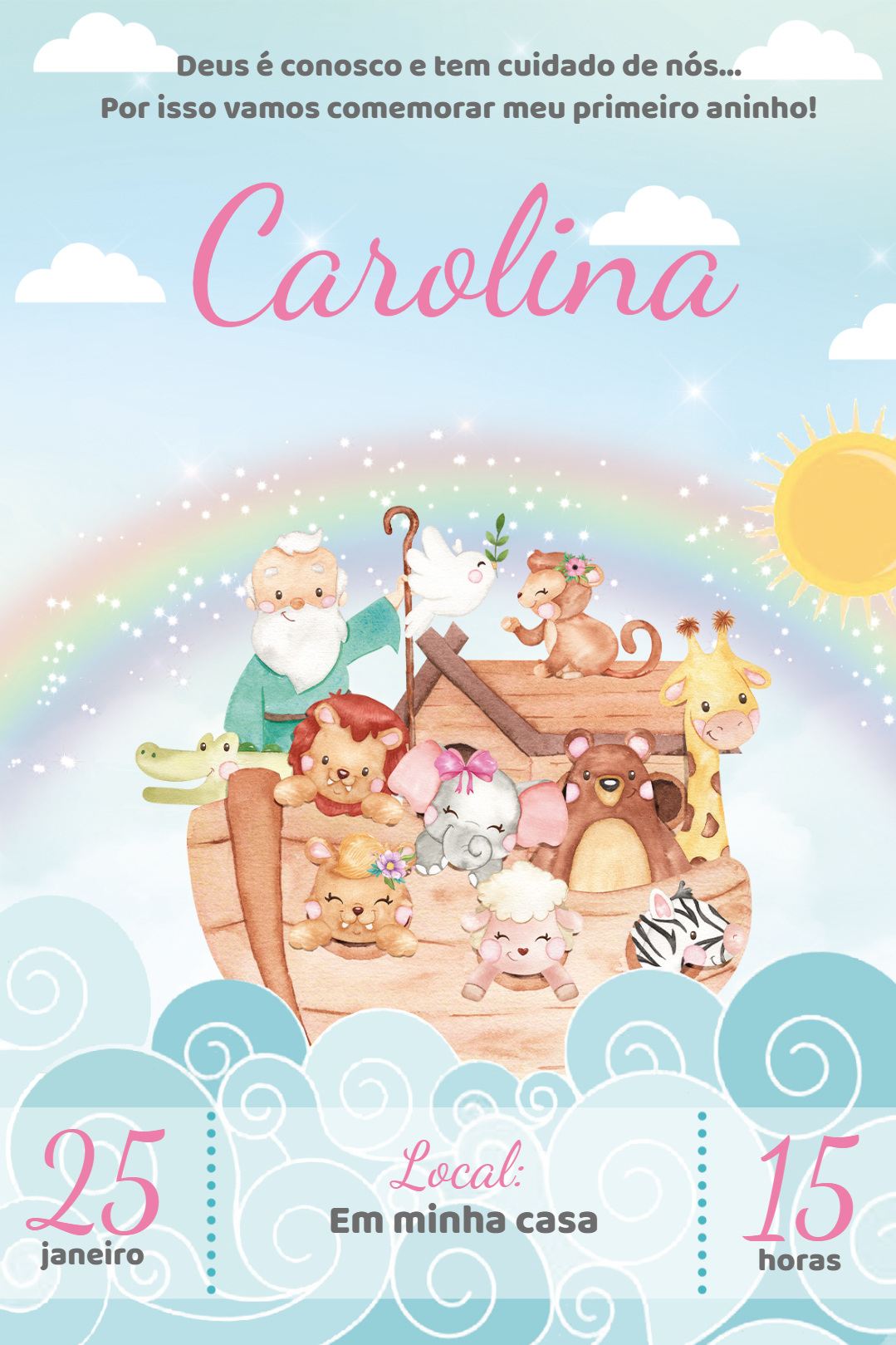 Convite Aniversário Arca de Noé com Animais para Editar Online