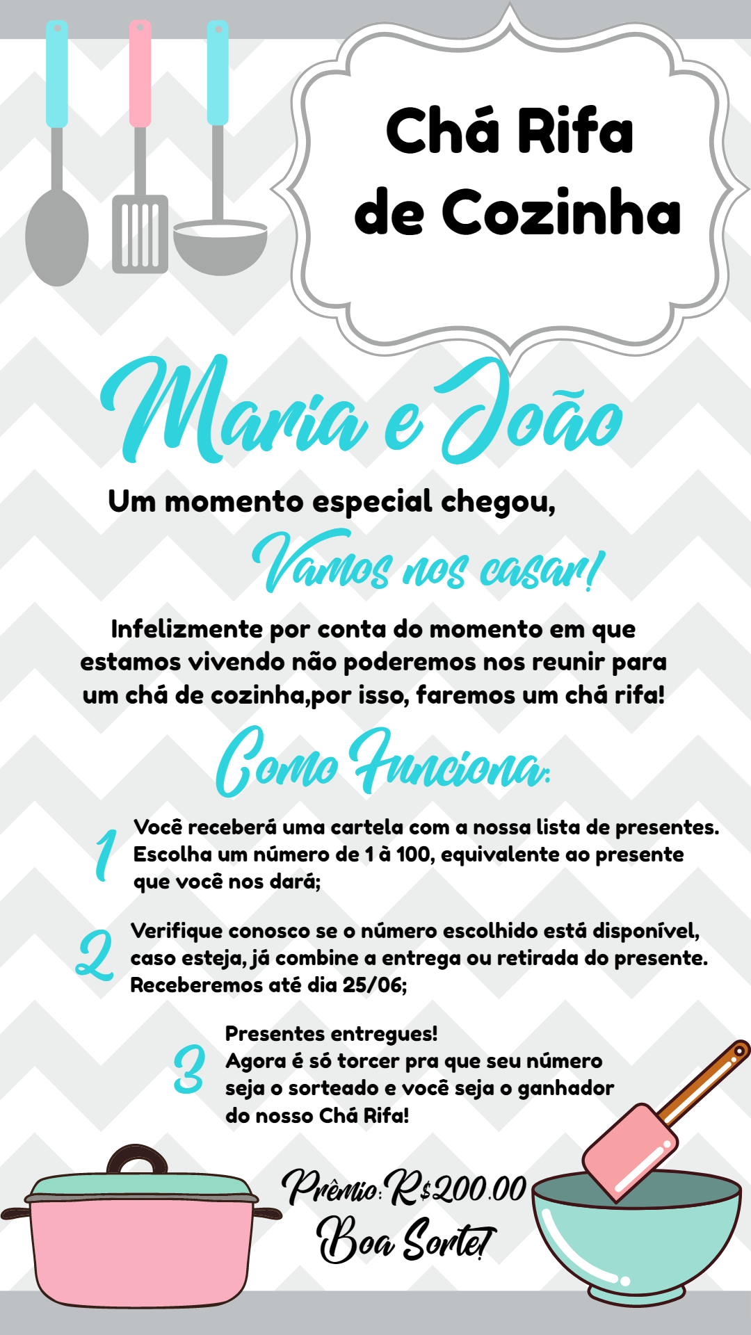Convite Chá Rifa de Cozinha com Utensílios para Editar Online Convite Chá Rifa de Cozinha com Utensílios para Editar Online