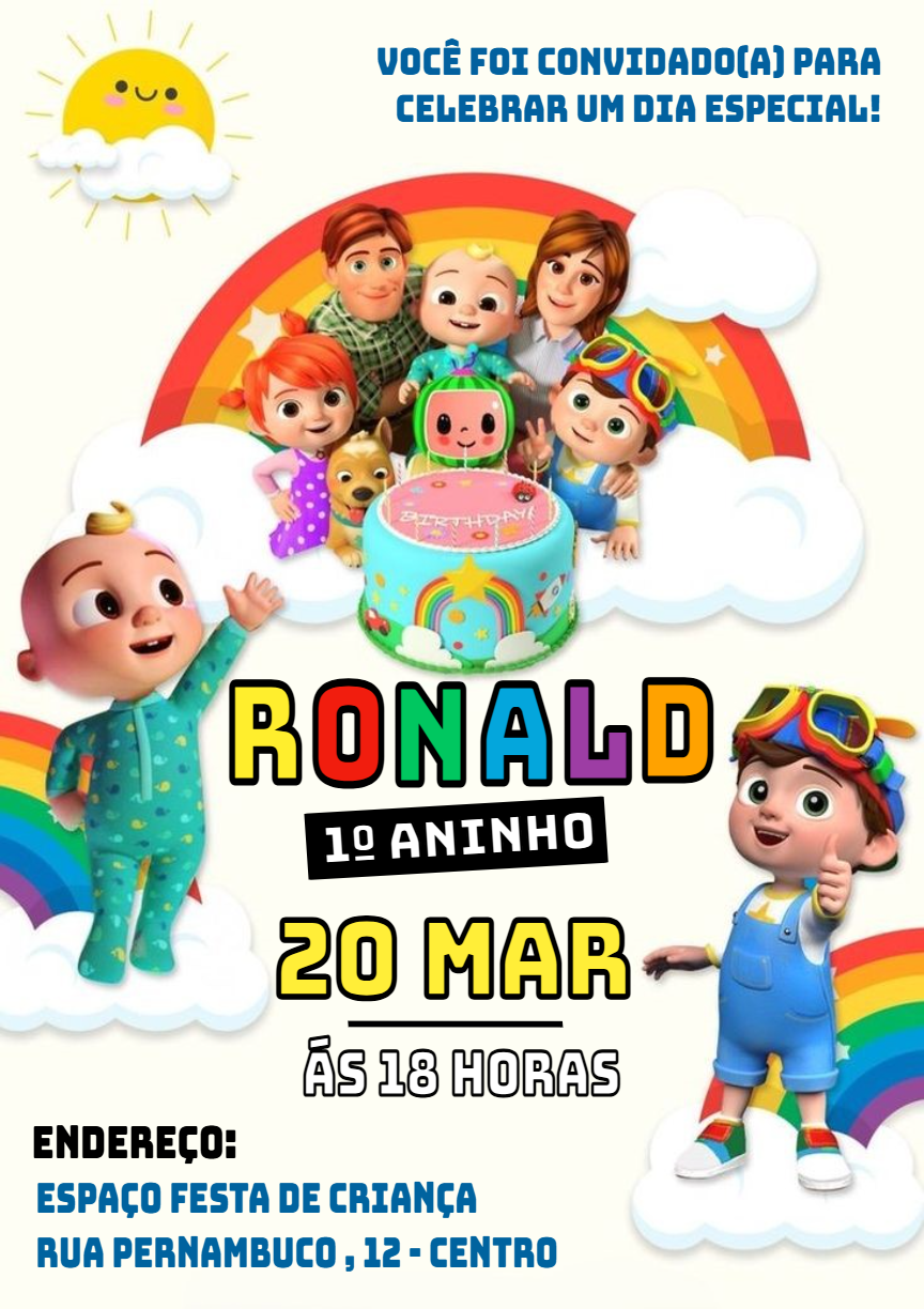 Convite de Aniversário Cocomelon com Personagens para Editar Convite de Aniversário Cocomelon com Personagens para Editar
