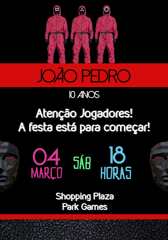 Convite de Aniversário Round 6 com Personagens para Editar Convite de Aniversário Round 6 com Personagens para Editar