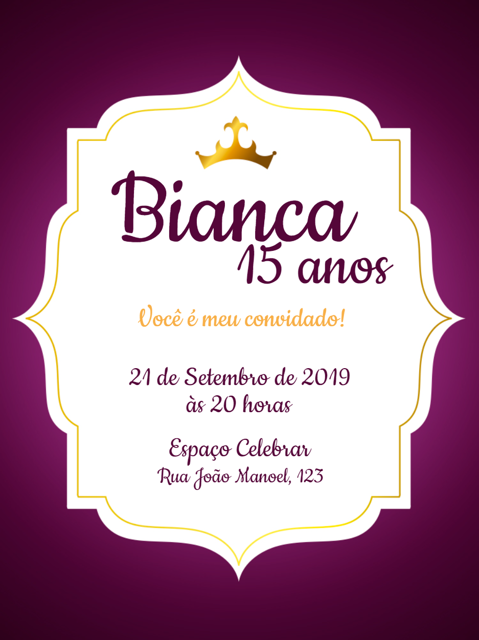 Convite 15 Anos Princesa Roxo e Dourado para Editar Online